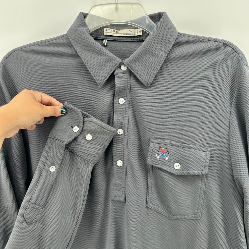 Criquet Long Sleeve Polo Shirt Men XL Gray Pima Cotton Skier Pocket Logo Golf
